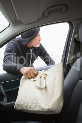 Thief breaking into car and stealing hand bag