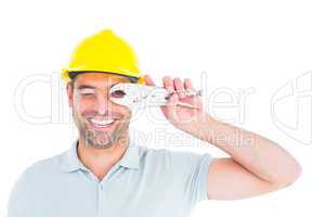 Cheerful handyman looking through pliers