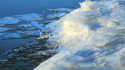 Floating ice by the river , winter landscape