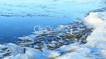 Floating ice by the river , winter landscape