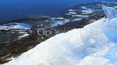 Floating ice by the river , winter landscape