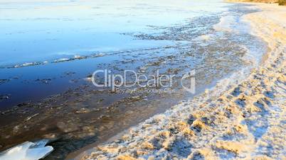 Floating ice by the river , winter landscape