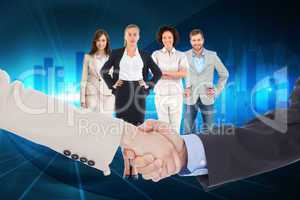 Composite image of smiling business people shaking hands while l