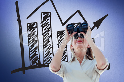 Composite image of businesswoman looking through binoculars