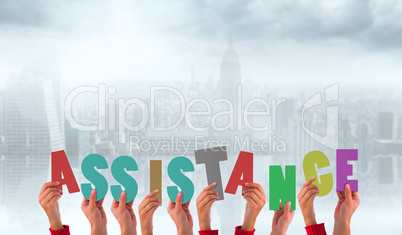 Composite image of hands holding up assistance