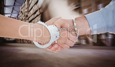 Composite image of handcuffed business people shaking hands