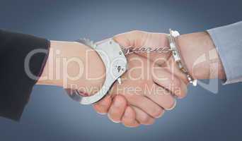 Composite image of closeup of handcuffed handshake