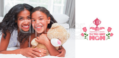 Composite image of pretty woman lying on bed with her daughter s