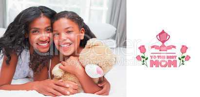 Composite image of pretty woman lying on bed with her daughter s