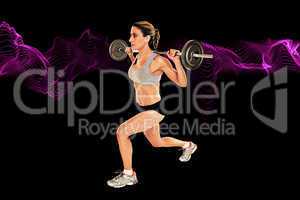 Composite image of serious female crossfitter lifting barbell be