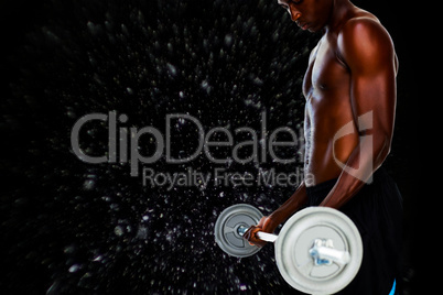 Composite image of determined fit shirtless young man lifting ba