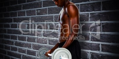 Composite image of determined fit shirtless young man lifting ba