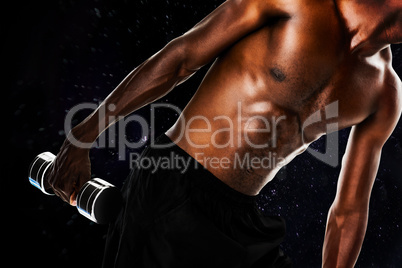 Composite image of mid section of fit shirtless young man liftin