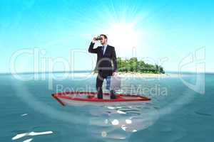Composite image of businessman in boat with binoculars