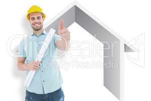 Composite image of male architect with blueprint gesturing thumb