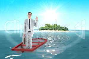 Composite image of businessman waving in boat