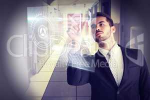 Composite image of concentrated businessman measuring something