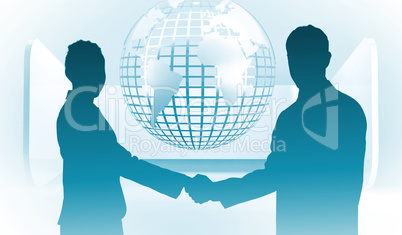 Composite image of smiling business people shaking hands while l