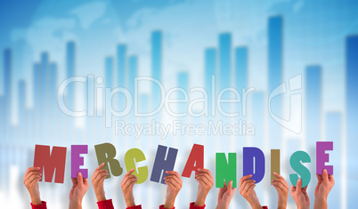 Composite image of hands holding up merchandise