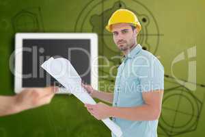 Composite image of confident male architect holding blueprint