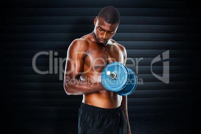 Composite image of determined fit shirtless young man lifting du