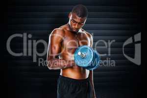 Composite image of determined fit shirtless young man lifting du