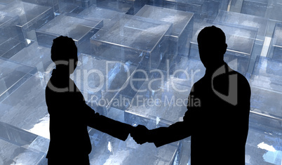 Composite image of smiling business people shaking hands while l