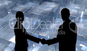 Composite image of smiling business people shaking hands while l