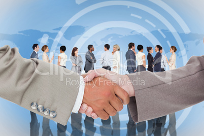 Composite image of side view of shaking hands