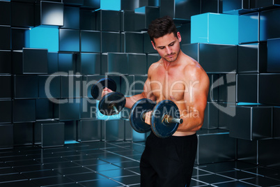 Composite image of bodybuilder lifting dumbbell
