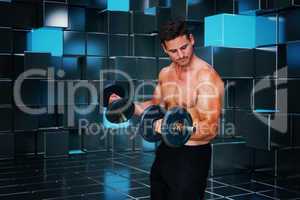 Composite image of bodybuilder lifting dumbbell