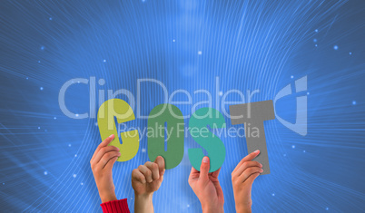 Composite image of hands holding up cost