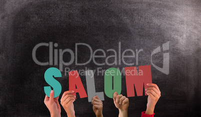 Composite image of hands holding up salom