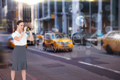 Composite image of serious elegant businesswoman looking through
