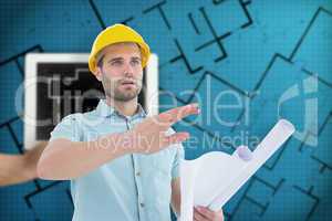 Composite image of architect with blueprint gesturing on white b