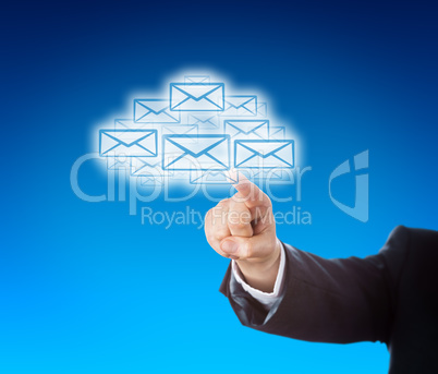 Corporate Arm Reaching Into Cloud Swarm Of Emails