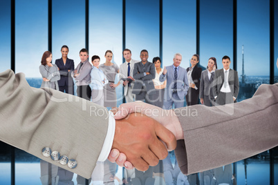 Composite image of side view of shaking hands