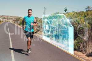 Composite image of athletic man jogging on open road