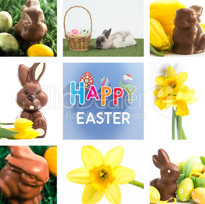 Composite image of chocolate bunny with little easter eggs