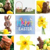 Composite image of chocolate bunny with little easter eggs