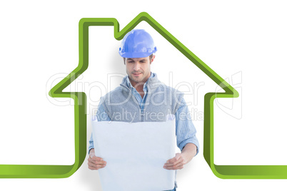 Composite image of architect reading blueprints