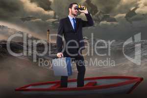 Composite image of businessman in boat with binoculars