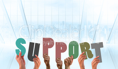 Composite image of hands holding up support