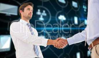 Composite image of two businessmen shaking hands in office