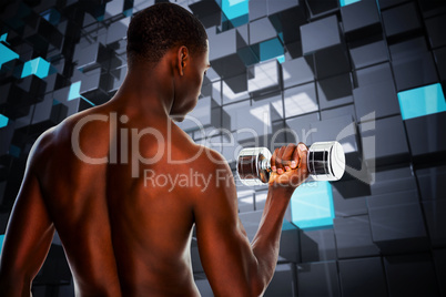 Composite image of rear view of a fit shirtless young man liftin