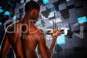 Composite image of rear view of a fit shirtless young man liftin