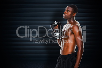 Composite image of serious fit shirtless young man lifting dumbb