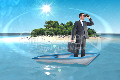 Composite image of businessman in boat with binoculars