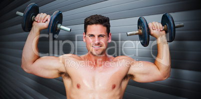 Composite image of bodybuilder lifting dumbbells