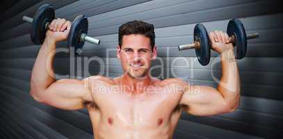 Composite image of bodybuilder lifting dumbbells